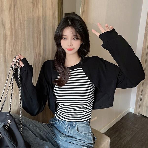 여성 캐주얼 크롭 일체형 디자인 패션 긴팔티 LK-T006