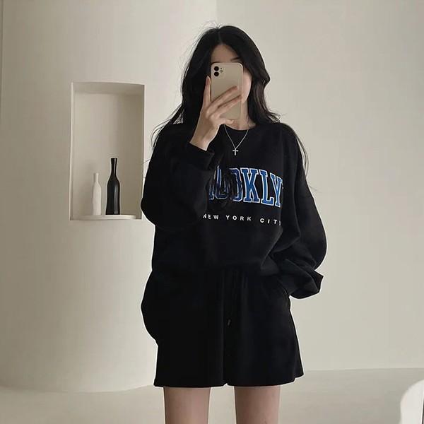 여성 레터링 프린팅 긴팔 반바지 편한 셋업 LK-SS31