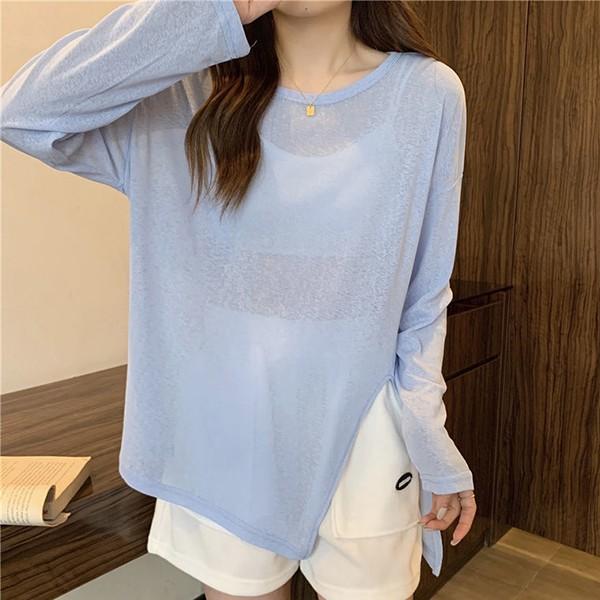 루즈핏 캐주얼 시스루 트임 긴팔 티셔츠 LK-G025