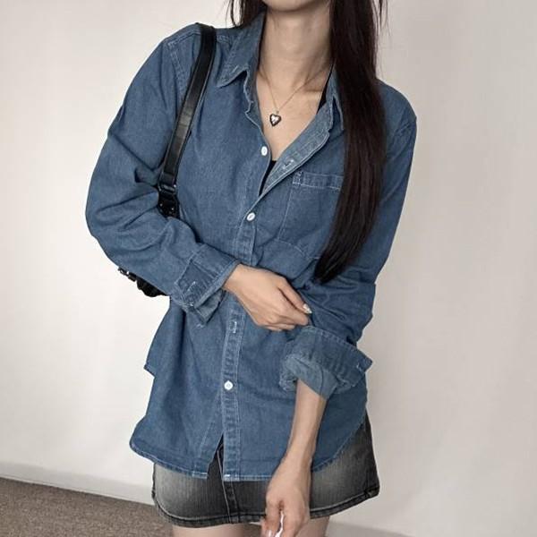여성 루즈핏 데일리 데님 카라 캐주얼 셔츠 IN-DN24