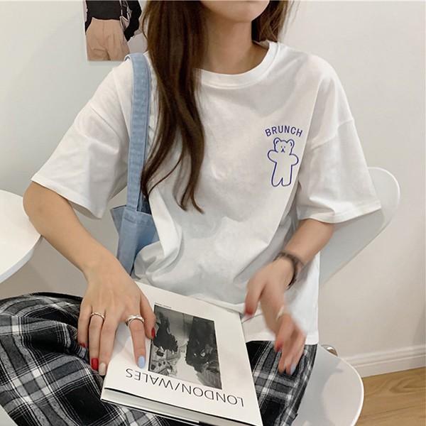 여성 흰색 베어 프린팅 루즈핏 반팔티 LK-T14