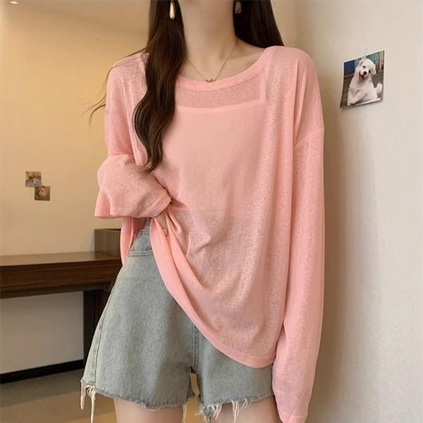 심플라인 배색 여성 시스루 라운드 티셔츠 LK-G025