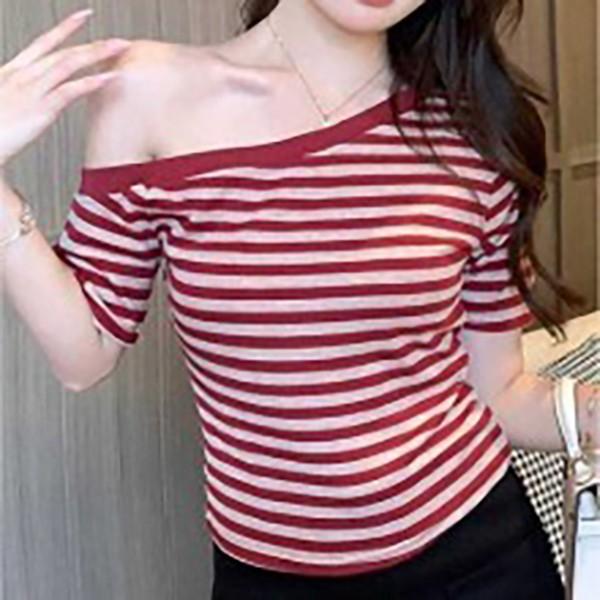 소프트 스트라이프 오프숄더 반팔 티셔츠 TDR-0094