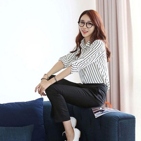 원컬러 세로 스트라이프 여성 오피스 셔츠 LK-S011