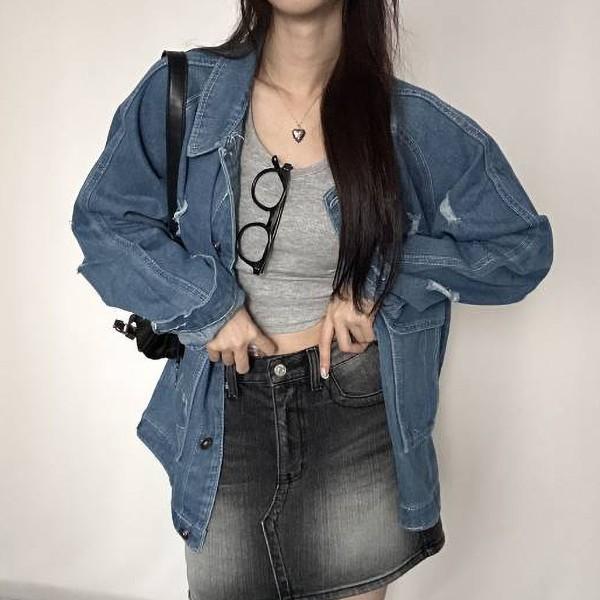 여성 캐주얼 디스트로이드 카라 데님 자켓 IN-DN21