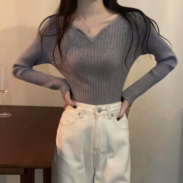 여성 기모 골지 브이넥 무지 긴팔 티셔츠 LK-T030