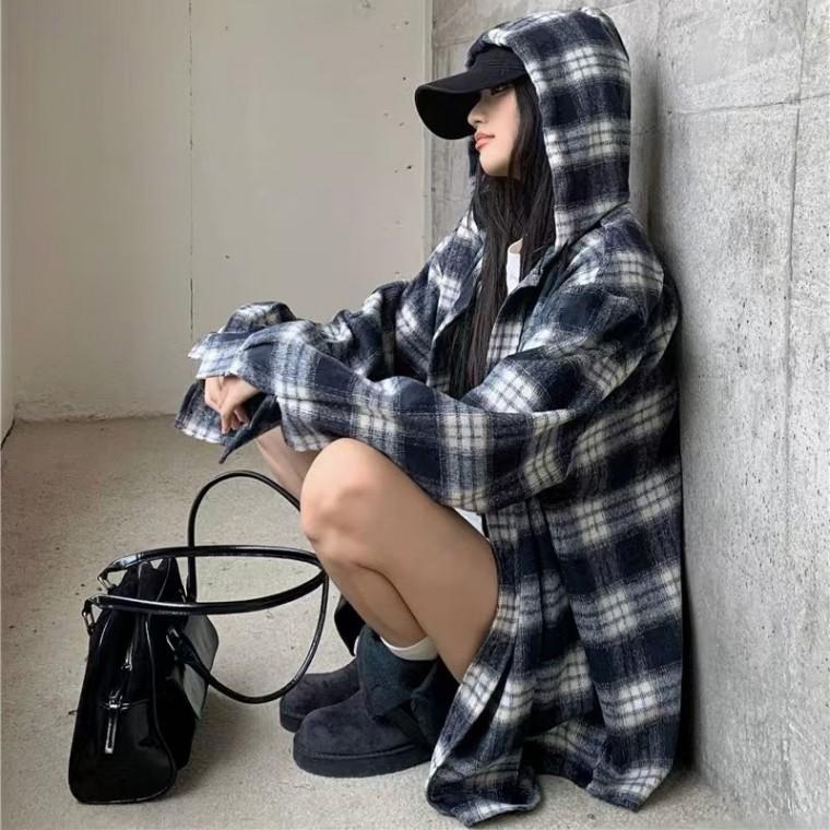 체크 오버핏 빈티지 여친룩 긴팔 후드셔츠 SSH-121