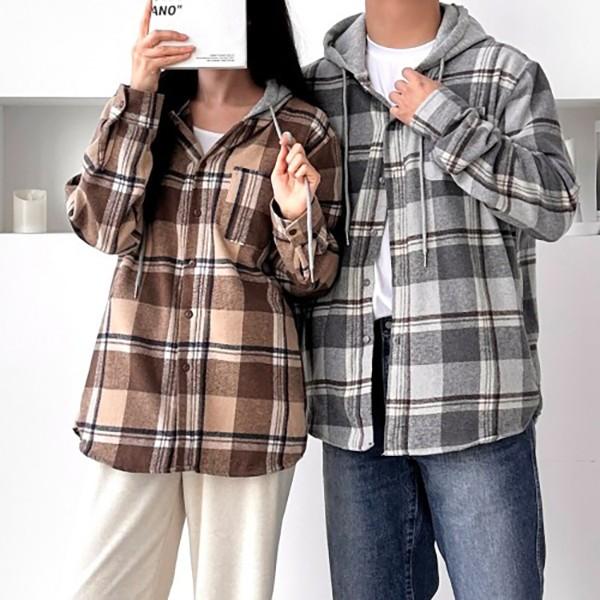 기모 체크 남녀공용 후드 남방 셔츠 SD-251166