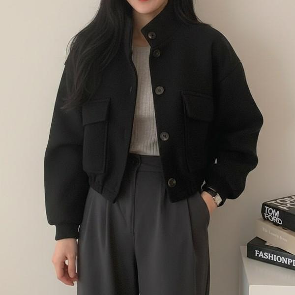 여성 데일리 포켓 베이직 넥카라 크롭 자켓 LK-J041