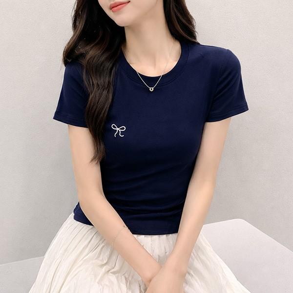소프트 자수 리본 러블리 슬림 반팔 티셔츠 LK-T20