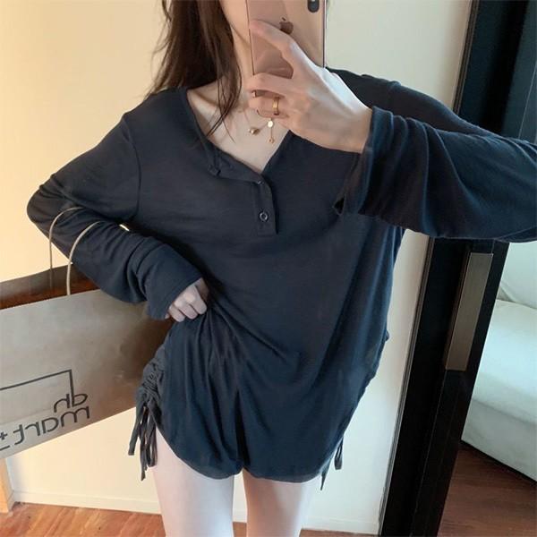 루즈핏 2컬러 여성 버튼 브이넥 셔링 긴팔티 SSH-221