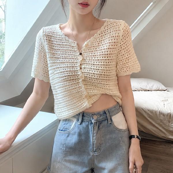여리핏 시스루 펀칭 2컬러 반팔 크롭 가디건 LK-G042