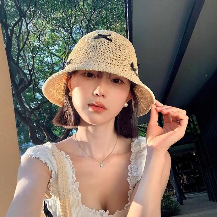 리본포인트 밀짚 벙거지 모자 버킷햇 여름 여성 휴가 바캉스 햇빛차단 버킷햇