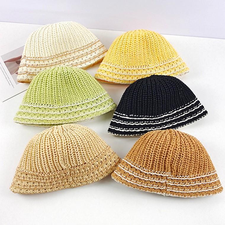 준캡 봄 여름 가을 5줄선짜임챙 밀짚 벙거지 여성 여자 모자 버킷햇 밀짚모자