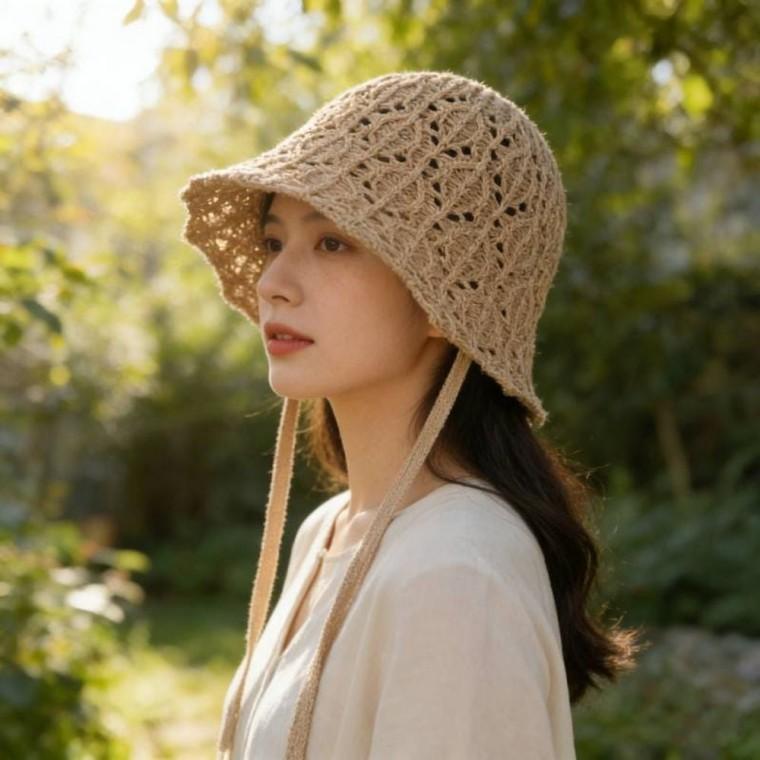 ST 여성 여름 끈 벙거지 모자 턱 니트 여행 비치 선캡 버킷햇