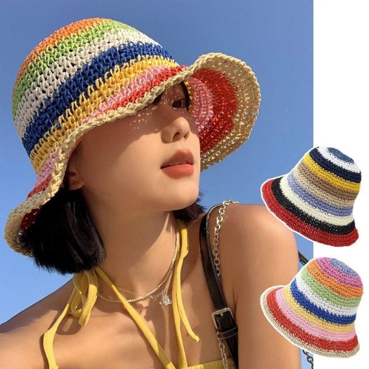 레인보우 밀짚 버킷햇 비치캡 왕골 모자 라탄 밀짚모자 여름 썬캡 돌돌이 여름돌돌이 오픈