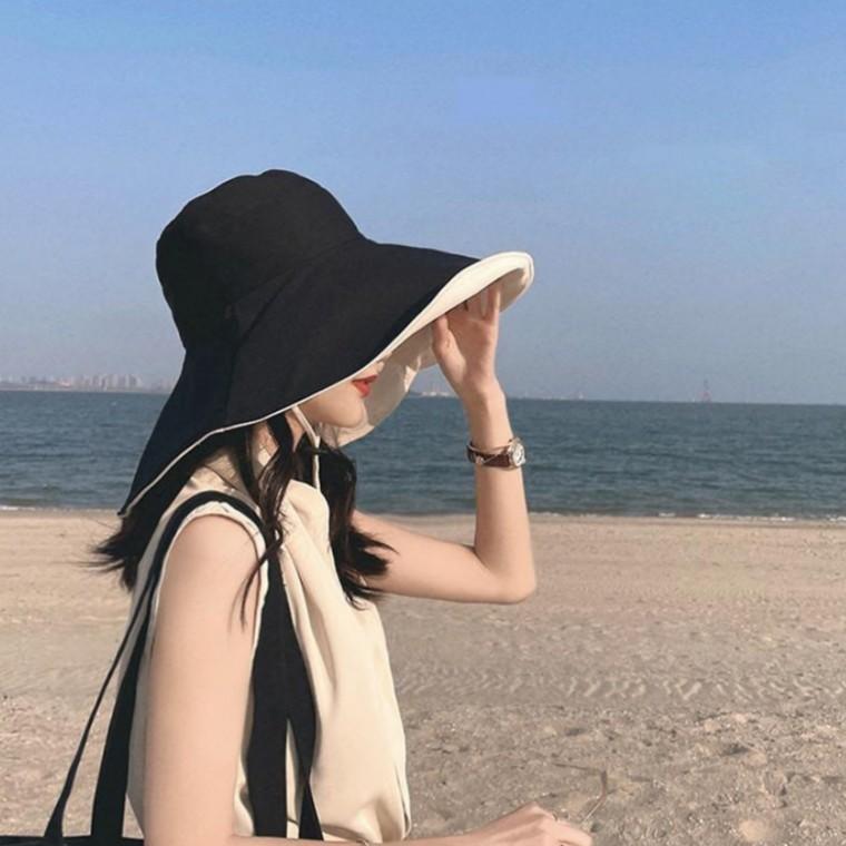 양면 와이드 벙거지 버킷햇 여름 휴가 자외선 햇빛 차단 여성 모자 블랙