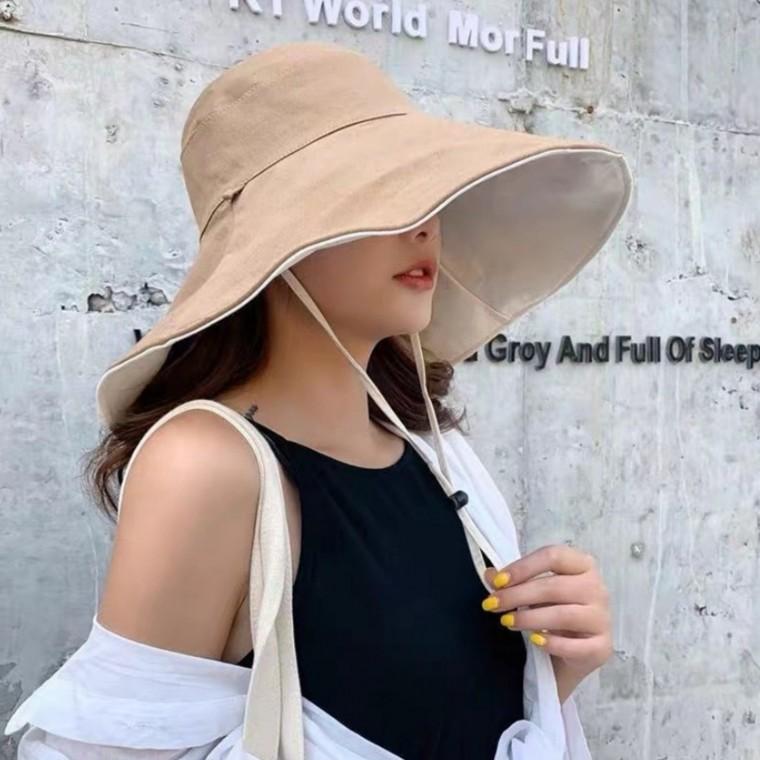 양면 와이드 벙거지 버킷햇 여름 휴가 자외선 햇빛 차단 여성 모자 베이지