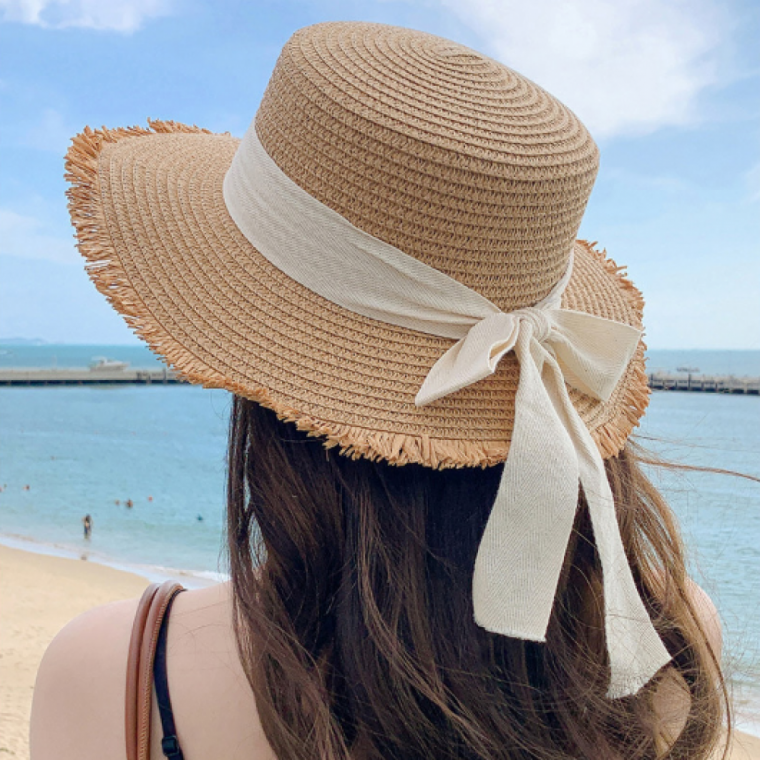 휴가 여름 바닷가 패션 리본 포인트 밀짚모자 여성 끝단테슬 비치