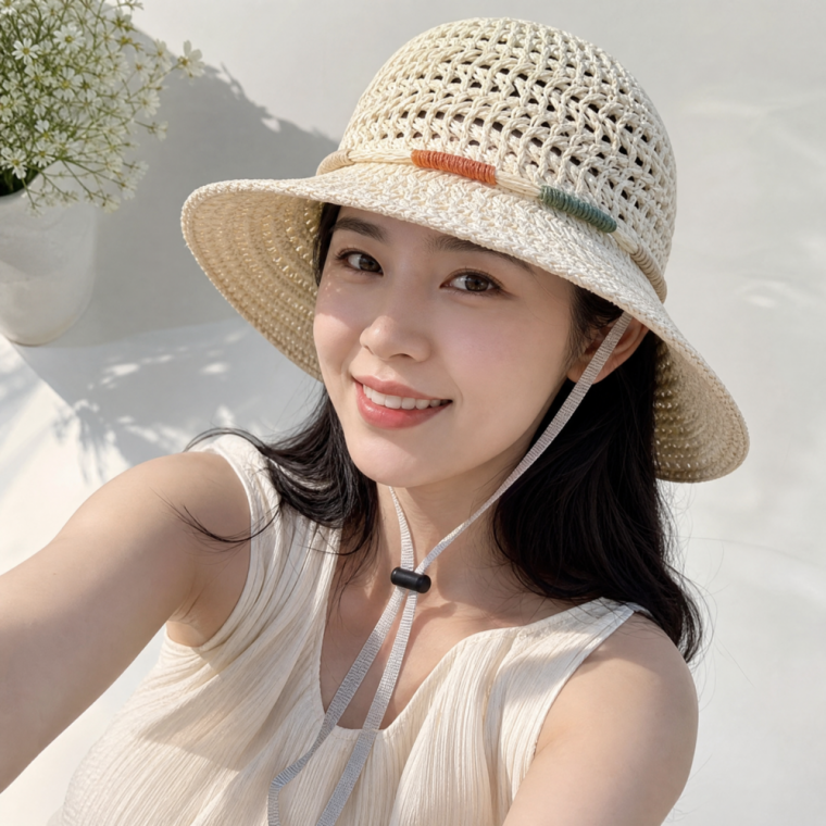 직구직판 여성 시원한 여름모자 라탄 배색 끈 버킷햇 와이드챙 해변 비치 여행용 사파리모자
