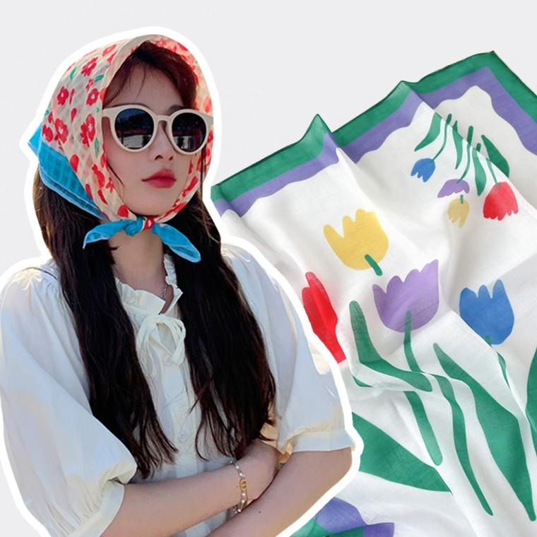 [개미물류] 꽃무늬 손수건 6종 얇은 커치프 여성 반다나 플로랄 스카프 헤어스카프 무릎덮개 여름 두건
