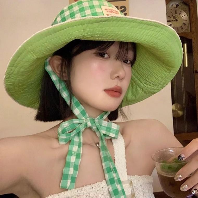 YJR 체크 여성 버킷햇 여름 벙거지 자외선차단 햇빛가리개 썬캡 사파리모자