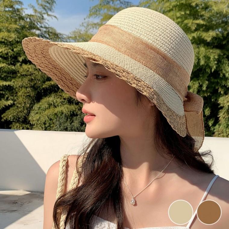 여성 여름 빅리본 배색 레이스 벙거지 버킷햇 비치웨어 밀짚모자