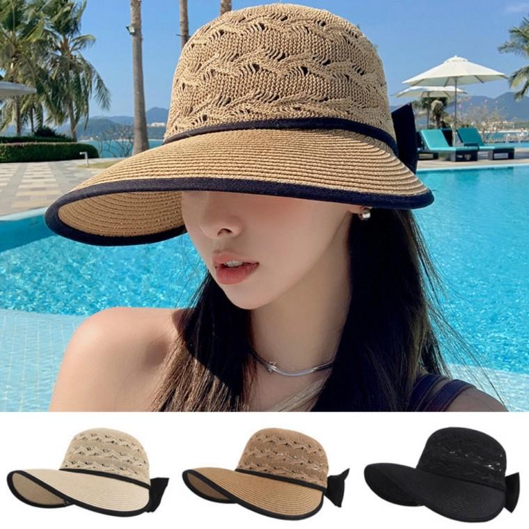 여성 고급스러운 트리짜임 여름 햇빛 차단 리본 밀짚 썬캡
