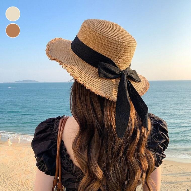 끝단테슬 여성 여름 리본포인트 밀짚모자 비치모자