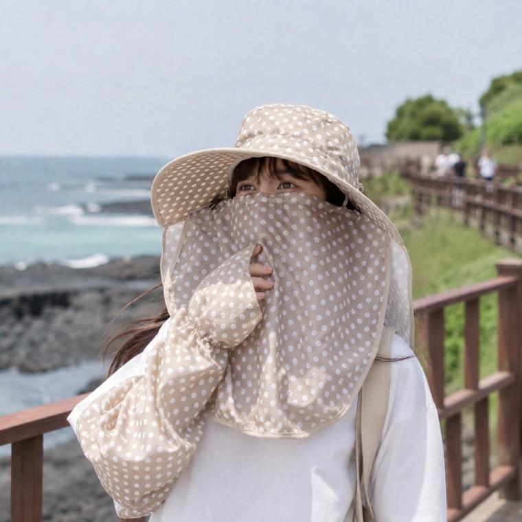 자외선차단 도트 썬캡 햇빛가리개 넥커버 와이드챙 여성 여름모자 나들이용