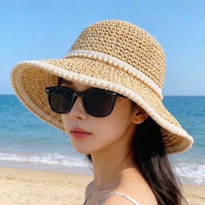 [무무에이티] 여성용 여름 라피아햇 진주 비즈 트리밍 와이드챙 밀짚모자 에리엘