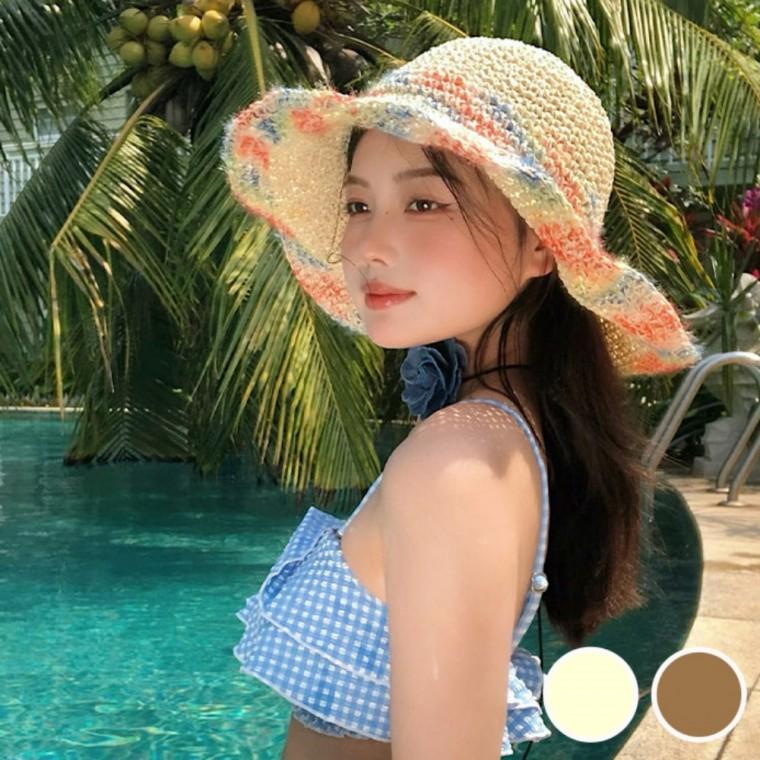 여름 휴가 예쁜 컬러 털실 챙 여성 밀짚 버킷햇