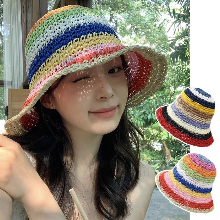 여름 바캉스 비치모자 레인보우 엣지 밀짚모자 버킷햇