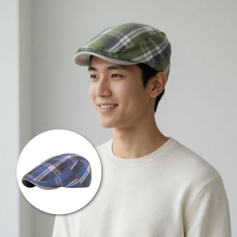 봄 남성 체크 무늬 데일리 베레모 헌팅캡 여름 모자 컬러 격자 블루 그린 체크팔 각모