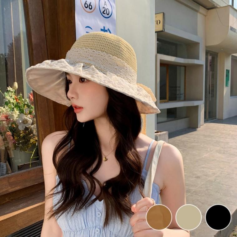 예쁜 잔꽃무늬 레이스 포인트 여름 패션 밀짚 버킷햇