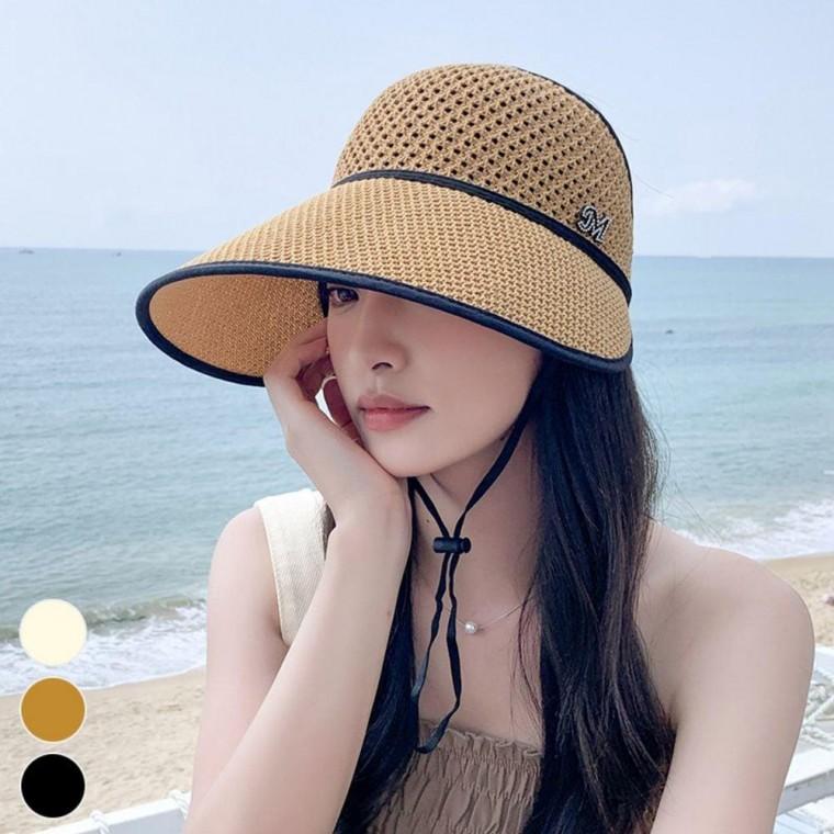 m장식 니트 돌돌이 썬캡 모자 선캡 햇빛 가리개 비치 UV 차단 왕골 라탄 야외 등산