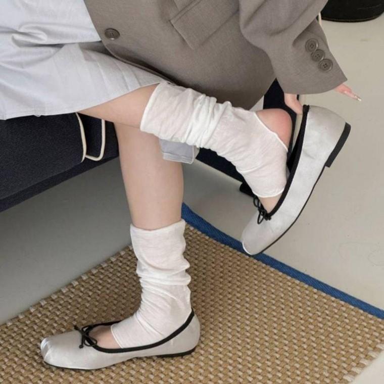 여성 얇은 레그 워머 발토시 패션 양말 요가 골지 니삭스 스타킹 여자 장목 크루 리본