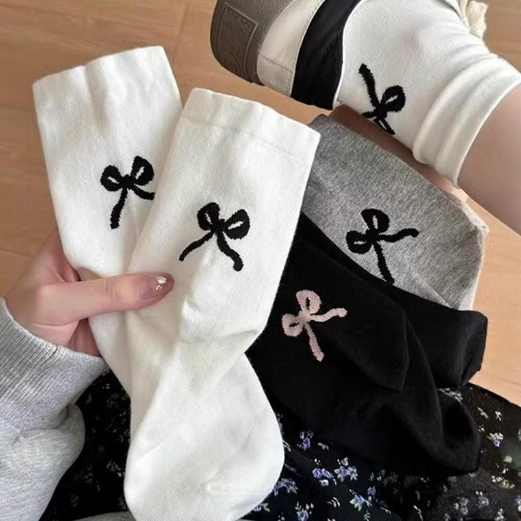여자 예쁜 패션 리본 교복 학생 봄 양말 3개 세트 여성 중목 선물 여자중 목양말