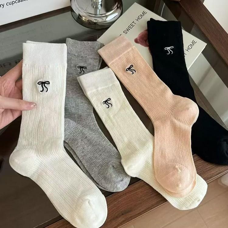 리본 포인트 시스루 장목양말 5개세트