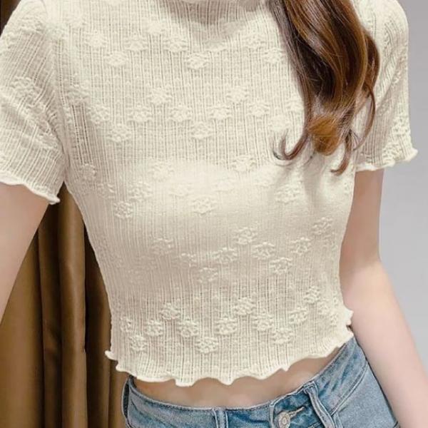 라운드 프릴 플라워 시스루 이너 크롭반팔티