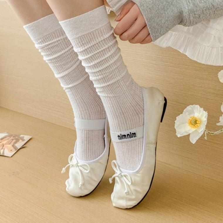 여성 패션소품 세로줄 얇은 니삭스 1켤레 펀칭 시스루 무릎 양말