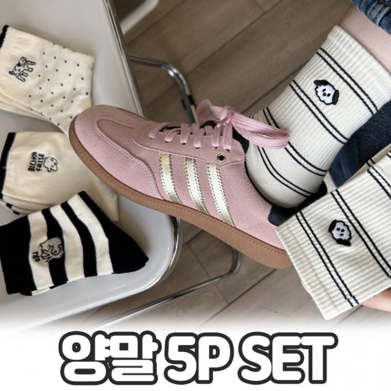 노바링크 5P set 레르디 멍뭉이 패턴 장목 양말세트 스트라이프 강아지 학생 면 양말 선물