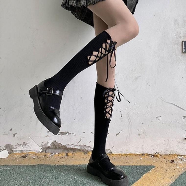 여성 신발끈 연결끈 니삭스 1켤레 포인트 무릎 양말 패션