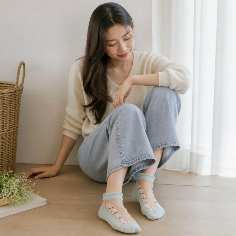 여성 레이스 덧신 꽃무늬 중목 양말 데일리 봄 여름 사계절 덧양말