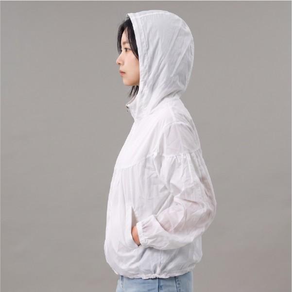 [덥석덥석] 여자 얇은 후드 바람막이 경량 집업 점퍼 셔링 스트링 화이트 여름 간절기 데일리 자켓