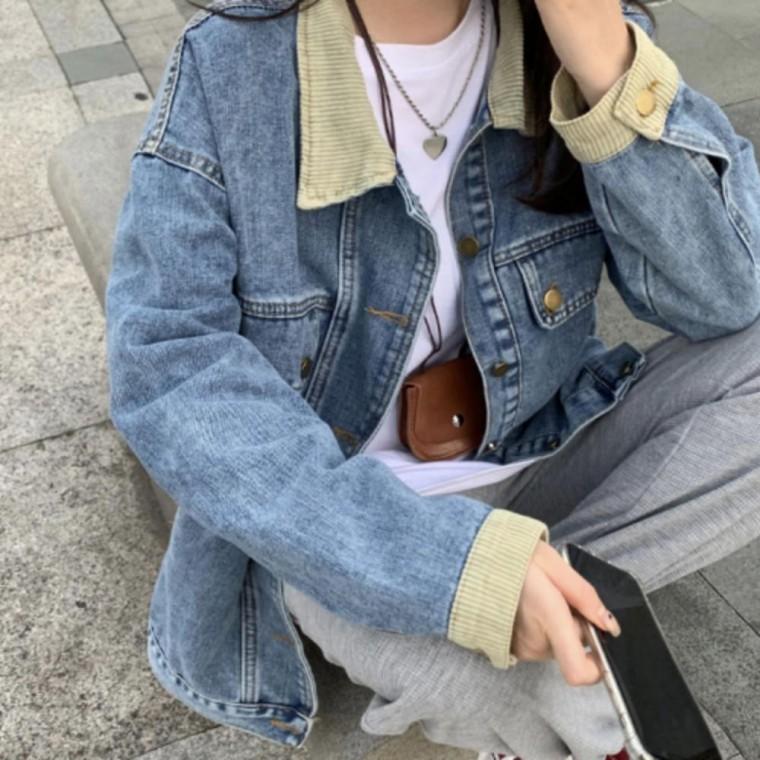 여성 카라 배색 청자켓 루즈핏 연청 데님 자켓 오버핏 점퍼 가을 간절기
