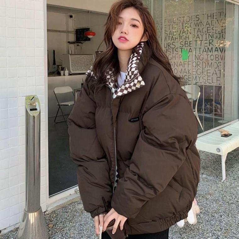 여성 겨울 루즈핏 스타일 체크 패턴 포인트 데일리 깔끔 패딩 점퍼 경량 이너 숏패딩