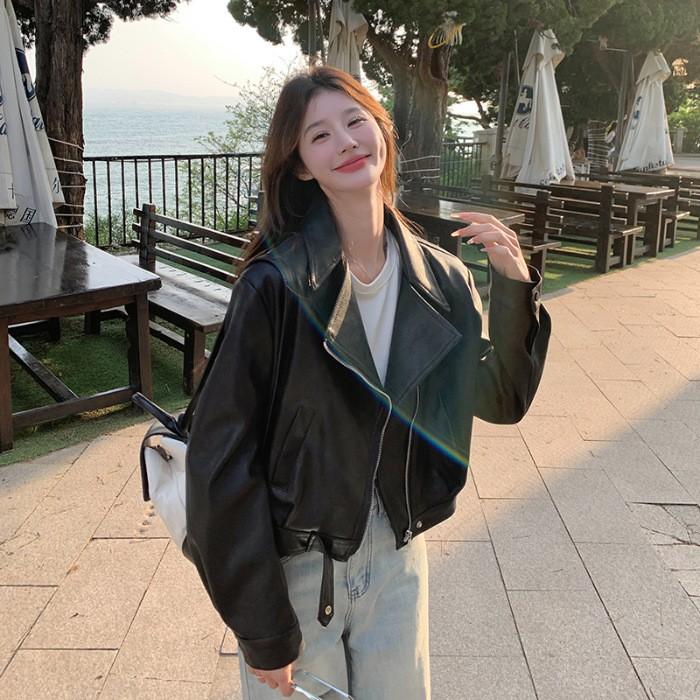 루즈핏 클래식 레더자켓 여성 빈티지 크롭 가죽점퍼