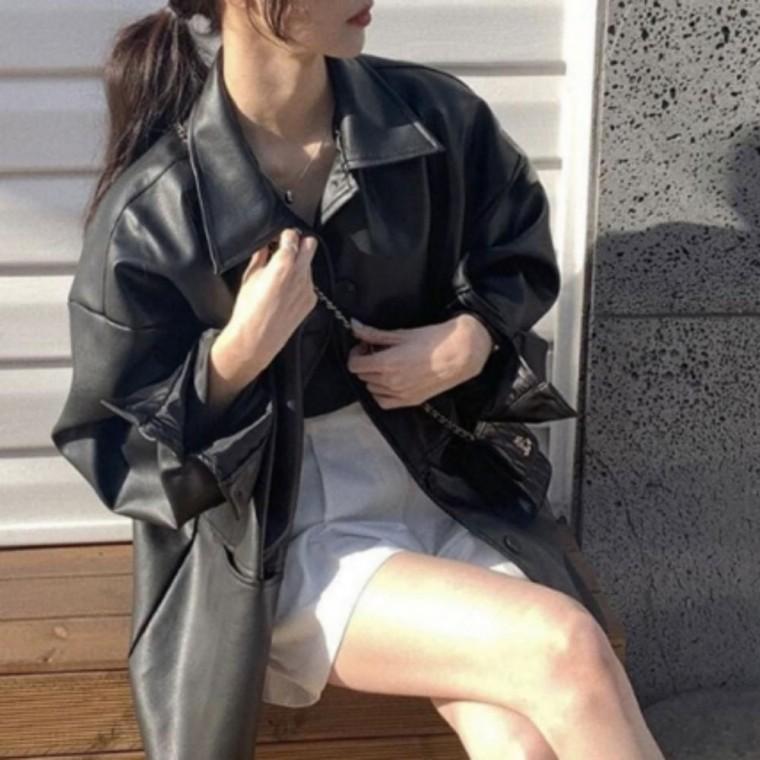 봄가을 가죽 자켓 오버핏 하프 레더 카라 재킷 점퍼