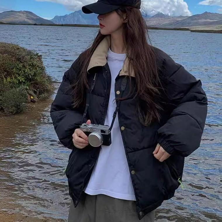 여성 배색 카라 포인트 루즈핏 스타일 하이넥 패딩 항공 잠바 여자 점퍼 겨울 등산복